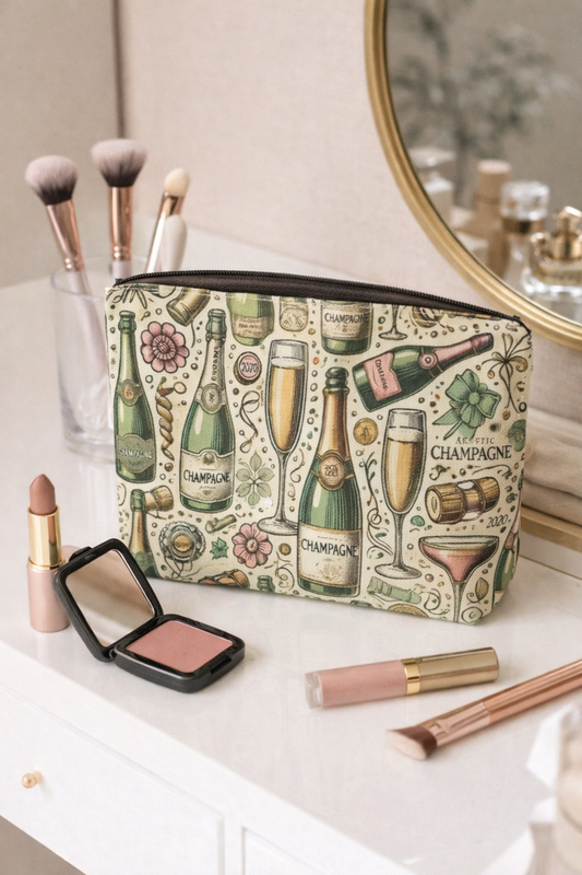 Champagne Print Cosmetic Bag Zipper Makeup Pouch