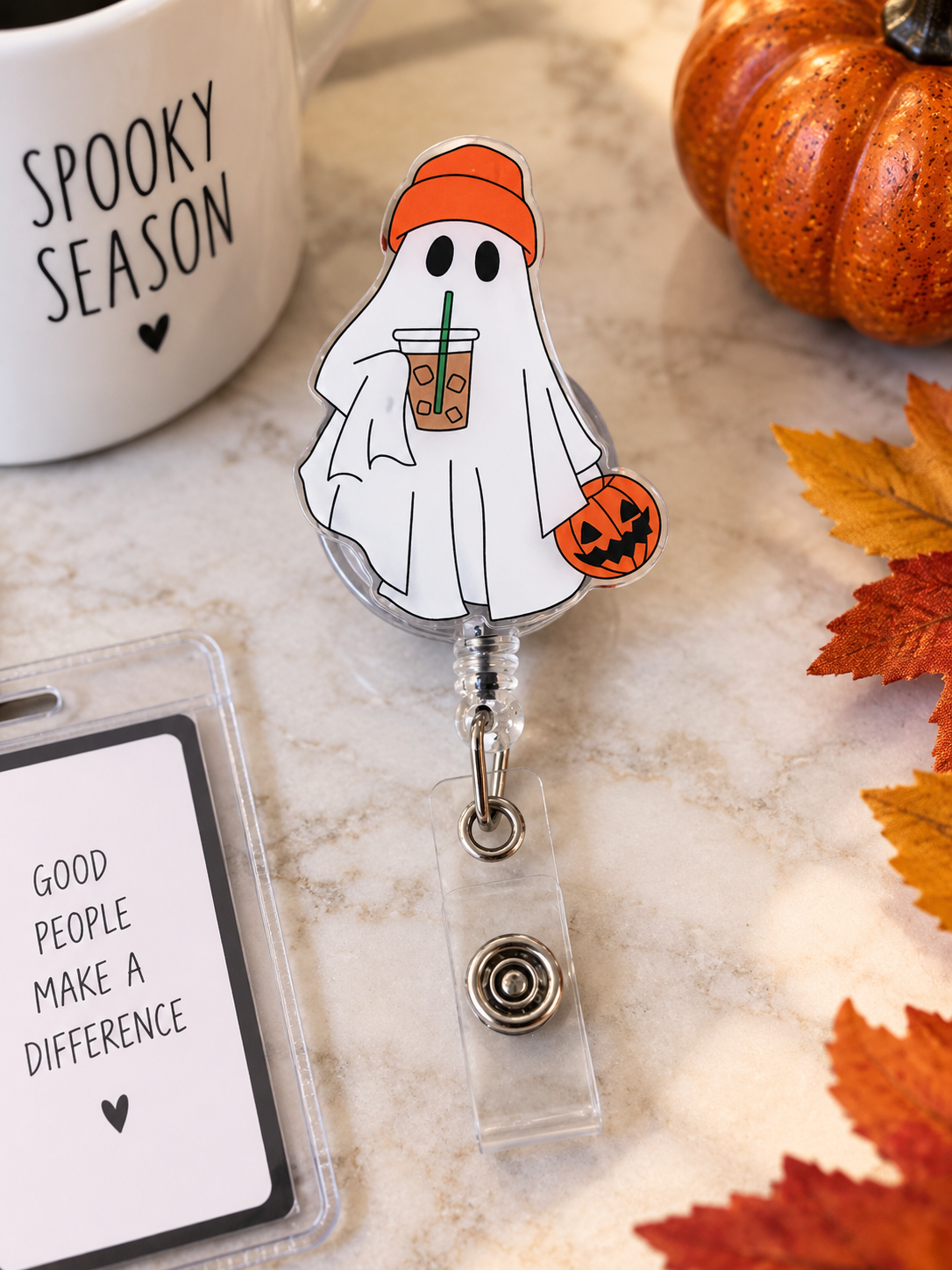Halloween Ghost Coffee Badge Reel Retractable ID Holder Pumpkin 4"