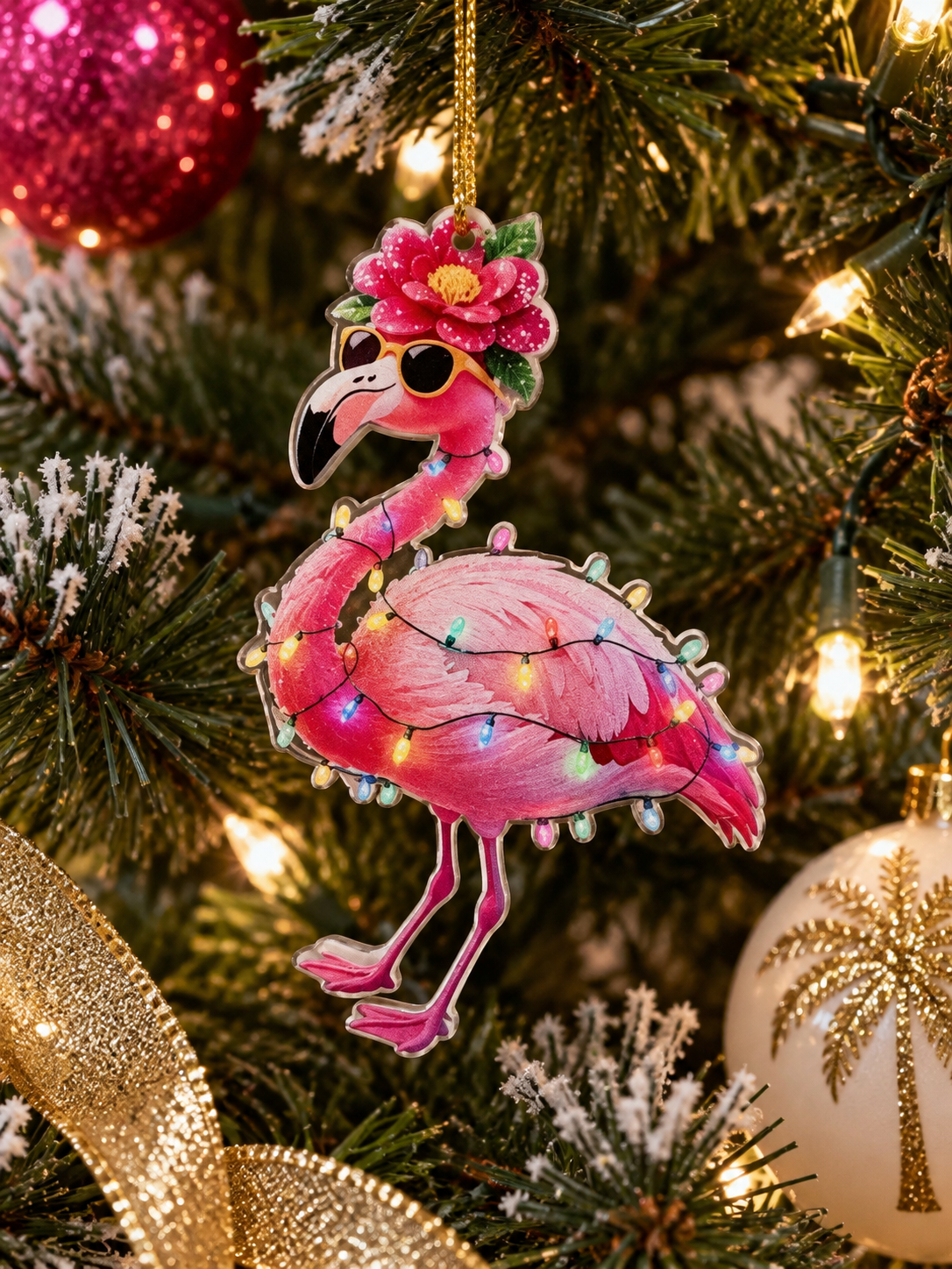 Pink Flamingo Christmas Ornament Tropical Holiday Lights 3"