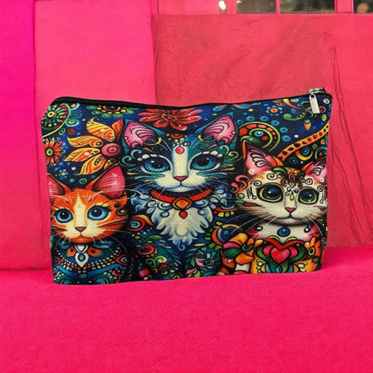 Boho Cat Print Zipper Pouch Makeup Bag – Colorful Travel Organizer 7x10.5