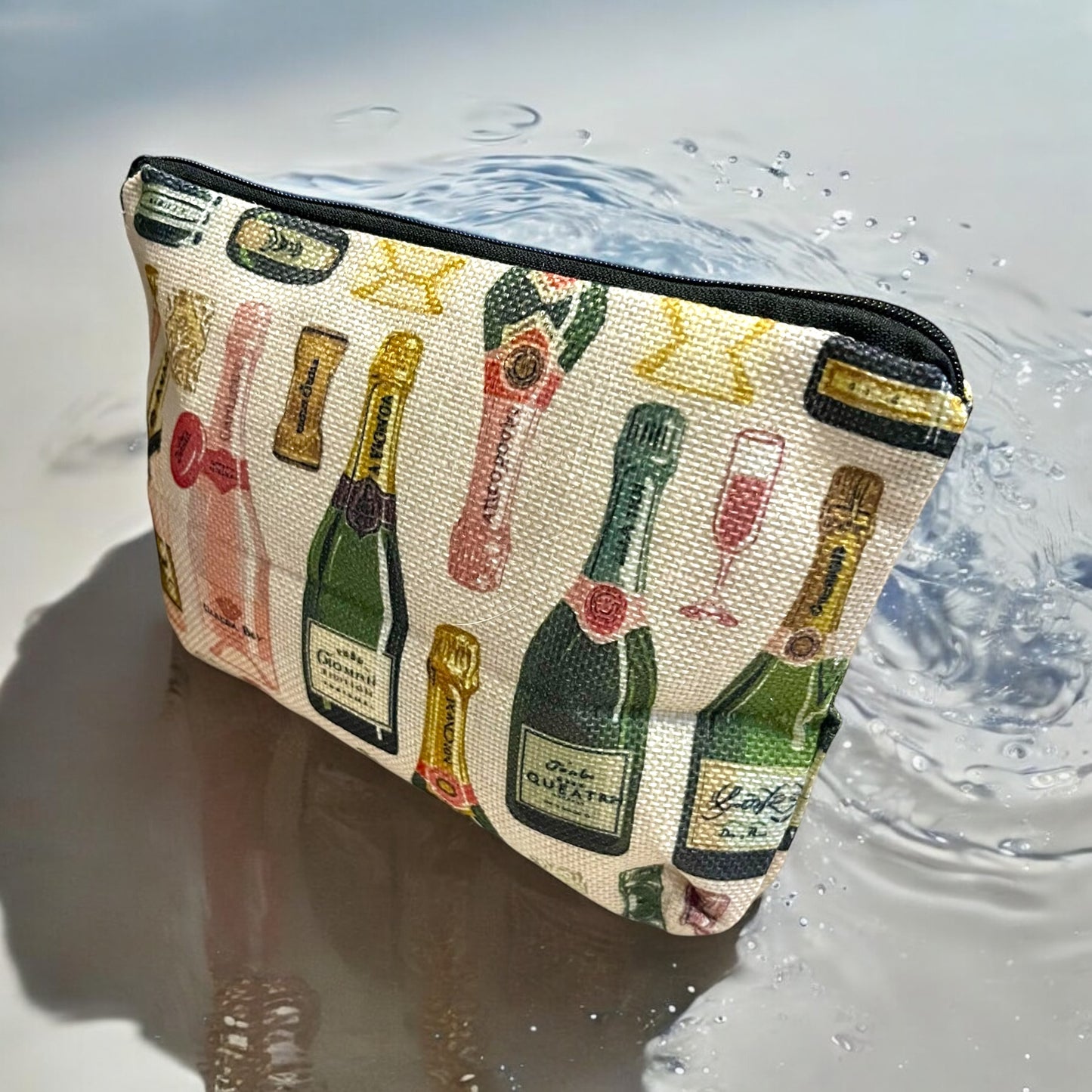 French Champagne Printed Cosmetic Pouch for New Years Eve - Versatile Clutch Makeup Bag