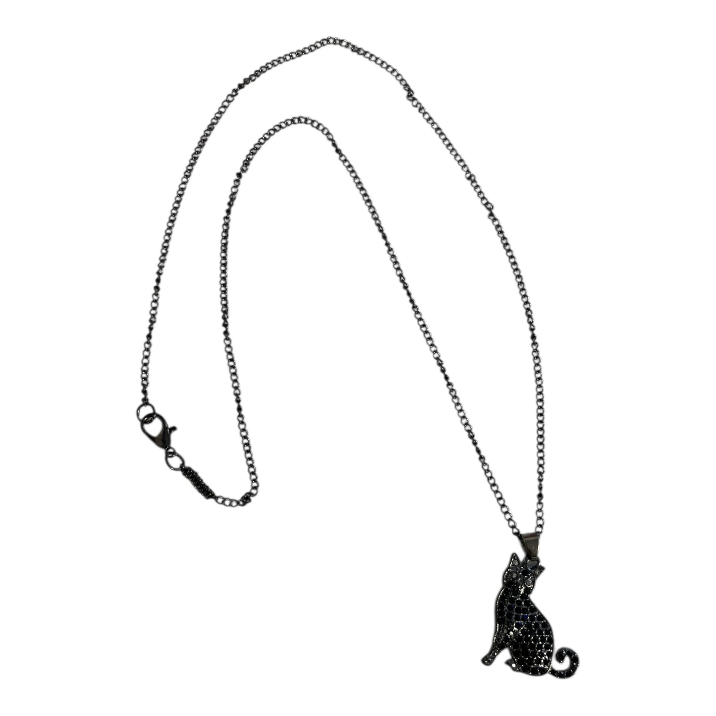 Black Cat Pendant Necklace – Rhinestone Accents – Gunmetal Chain