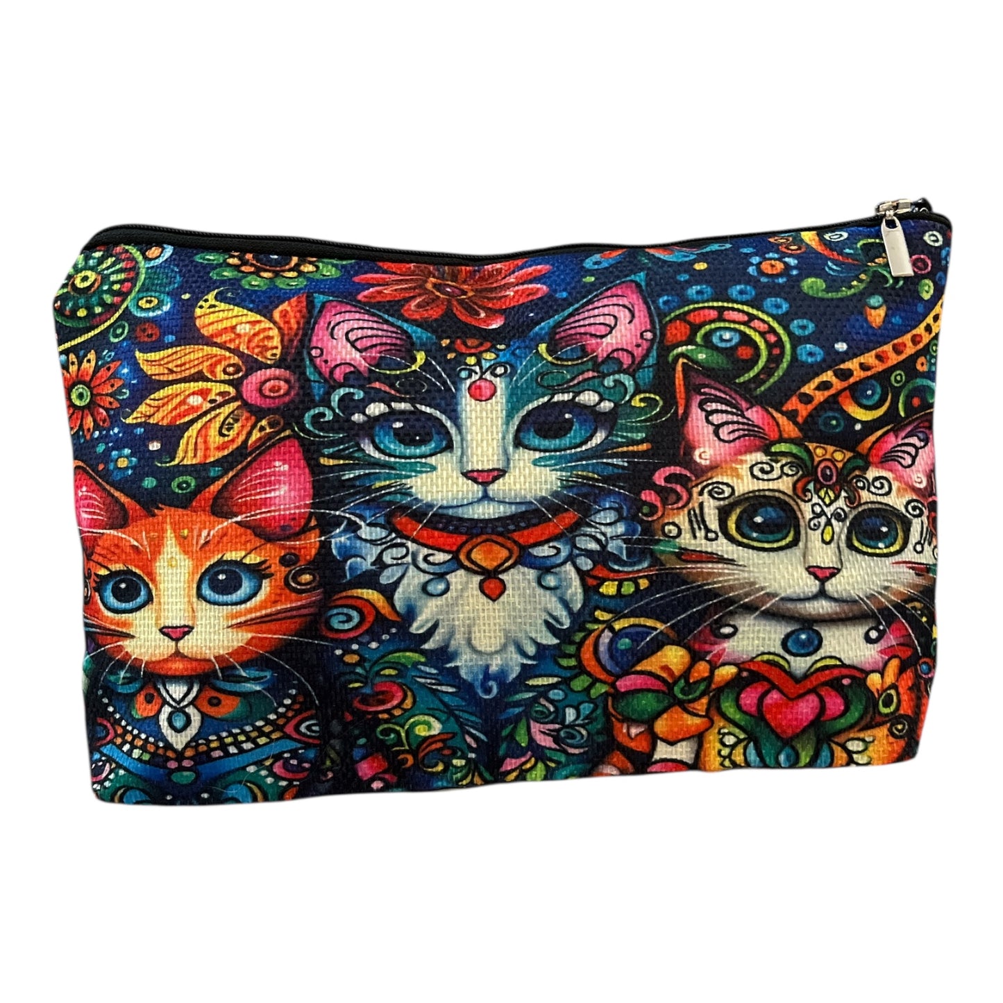 Trio of Cute Cats Cosmetic Bag – 7” x 10.5” – Floral Zipper Pouch for Makeup, Travel & More!