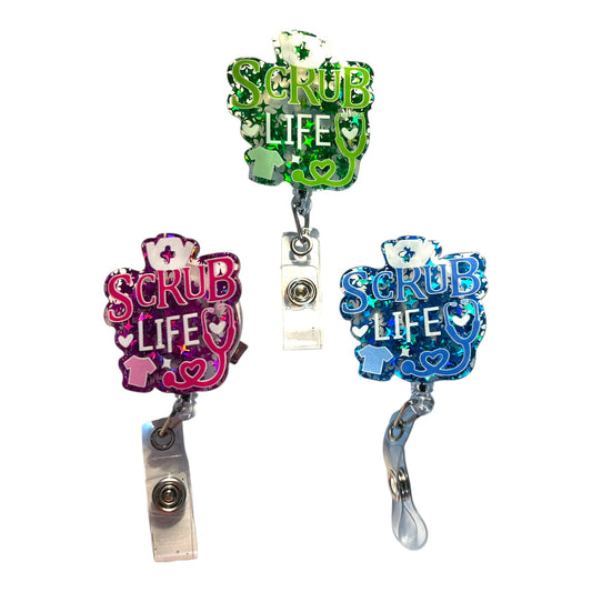 Glitter "Scrub Life" Badge Reel – Choose Pink, Green, or Blue