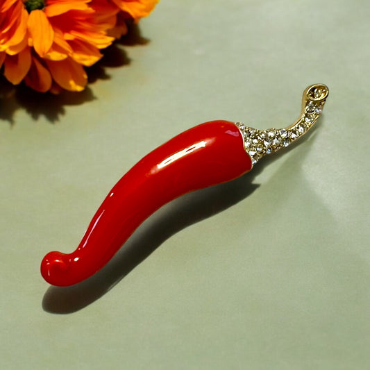 Vintage Red Chili Pepper Brooch Pin with Rhinestones