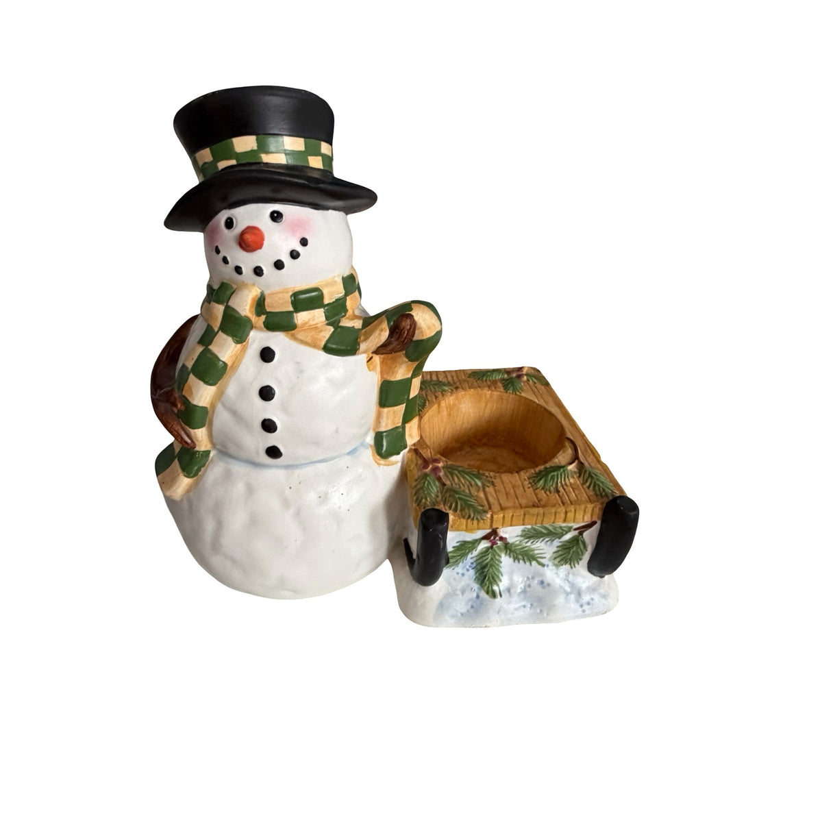 Vintage Yankee Candle Snowman Sled Ceramic Tea Light Holder Christmas 5”