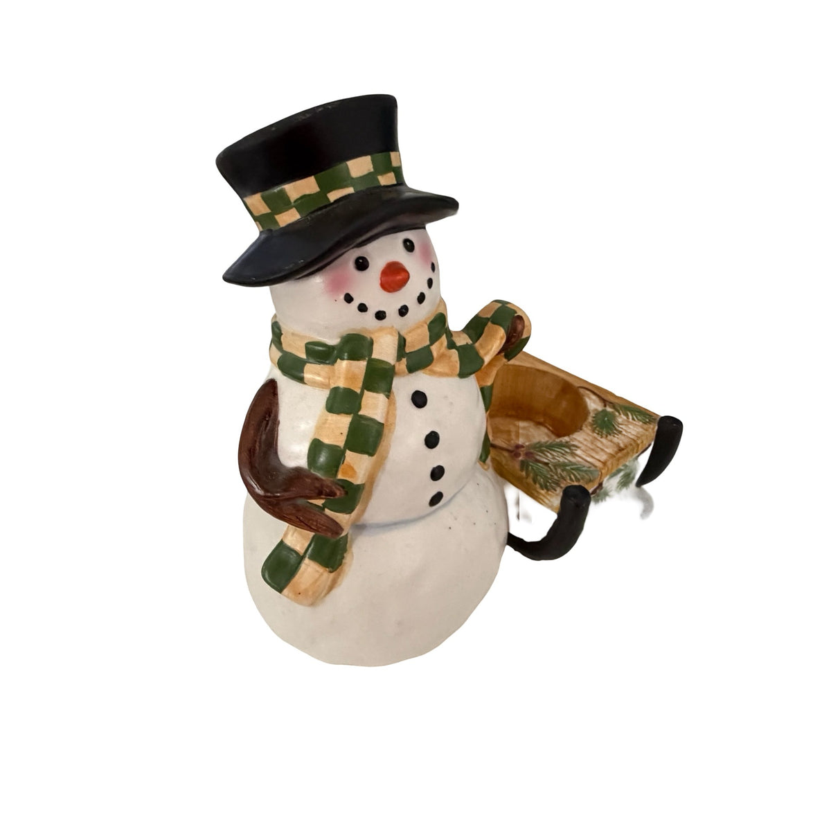 Vintage Yankee Candle Snowman Sled Ceramic Tea Light Holder Christmas 5”