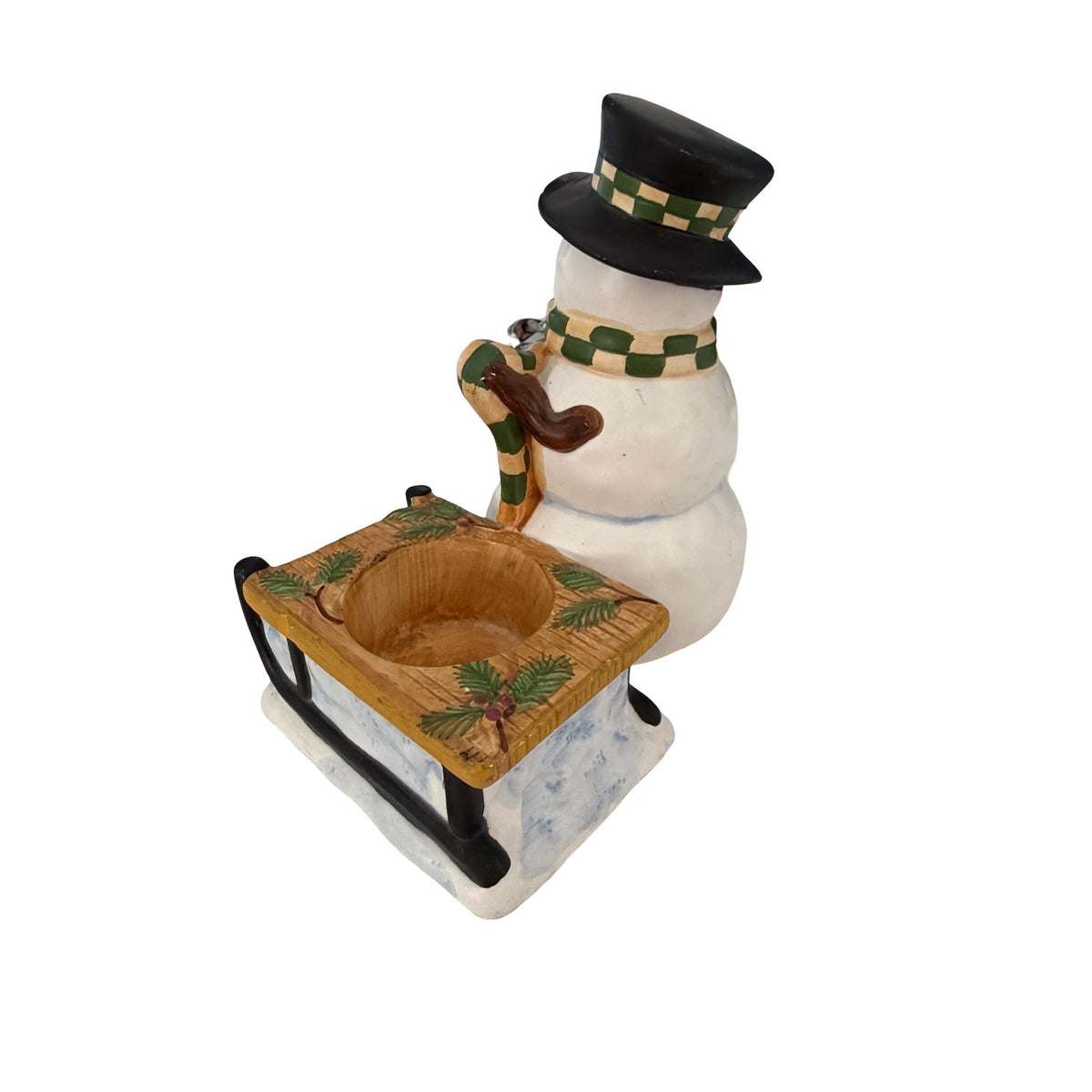 Vintage Yankee Candle Snowman Sled Ceramic Tea Light Holder Christmas 5”