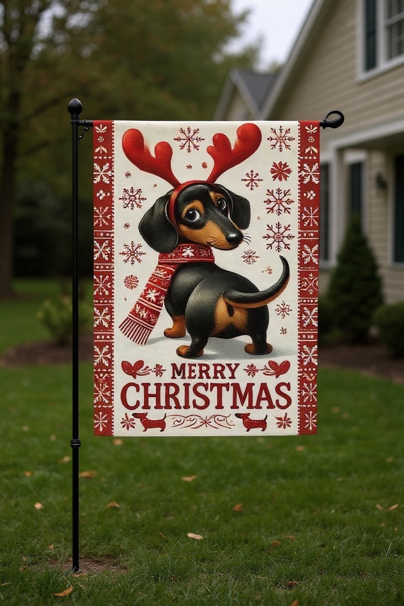 Merry Christmas Dachshund Garden Flag 12x8 – Holiday Wiener Dog with Antlers and Scarf