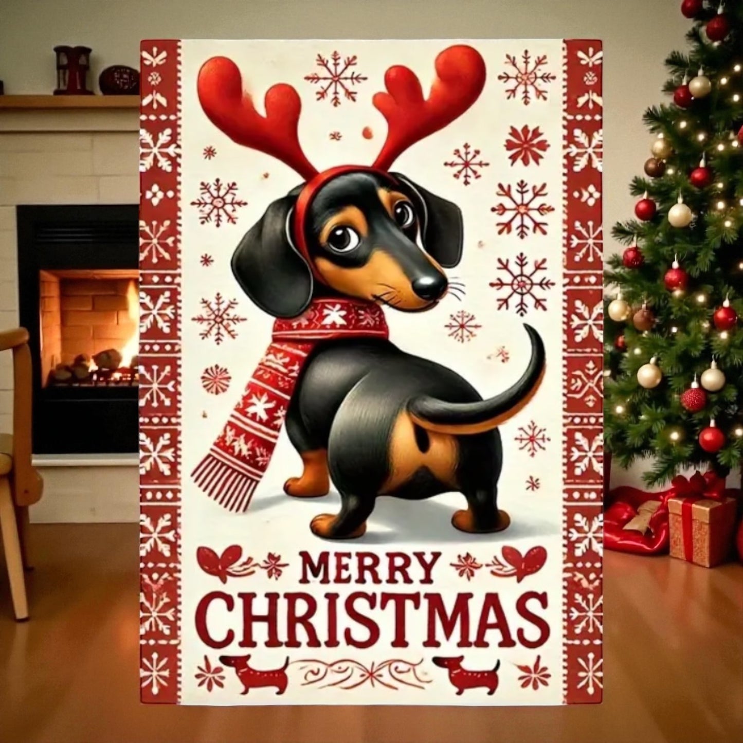 Merry Christmas Dachshund Garden Flag 12x8 – Holiday Wiener Dog with Antlers and Scarf
