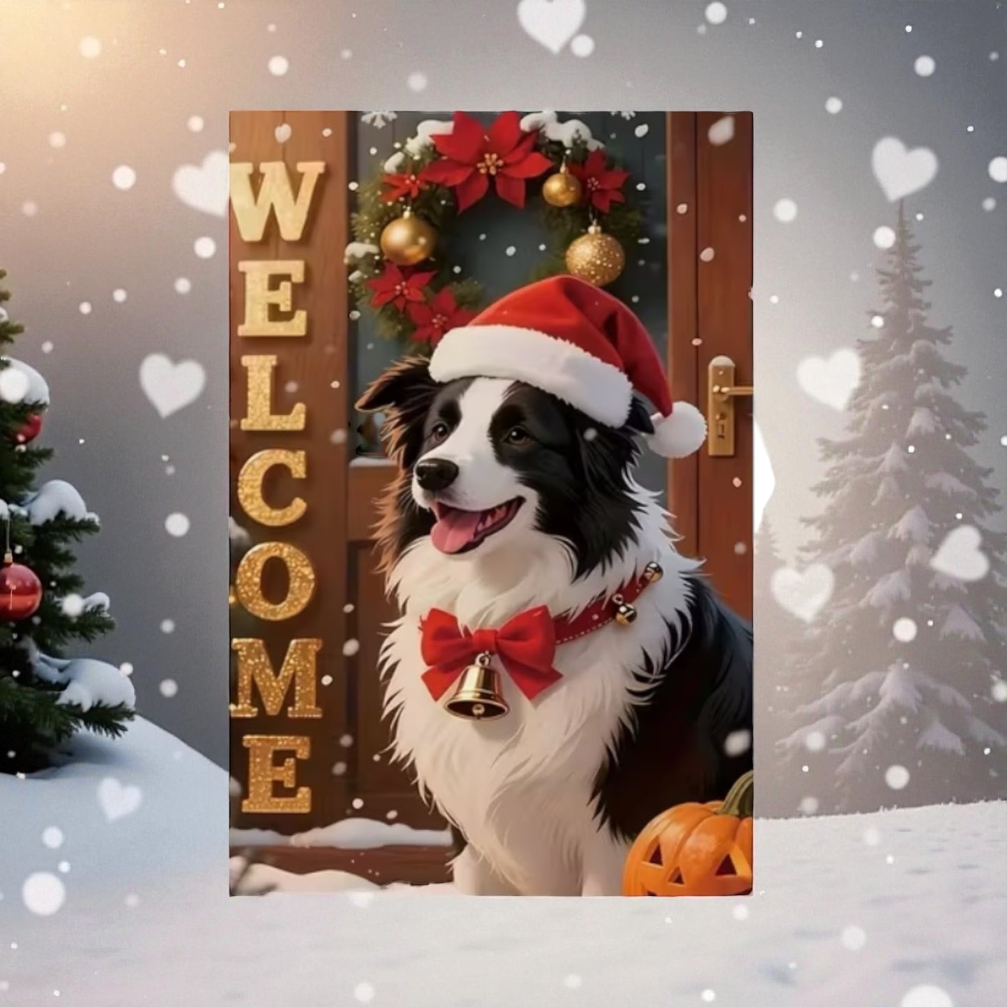 Christmas Welcome Garden Flag 12x18 – Black and White Border Collie Dog with Santa Hat – Holiday Outdoor Decor