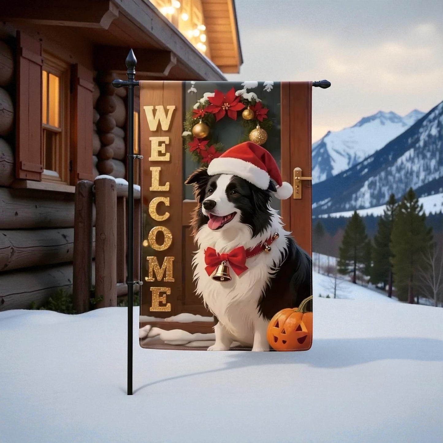 Christmas Welcome Garden Flag 12x18 – Black and White Border Collie Dog with Santa Hat – Holiday Outdoor Decor