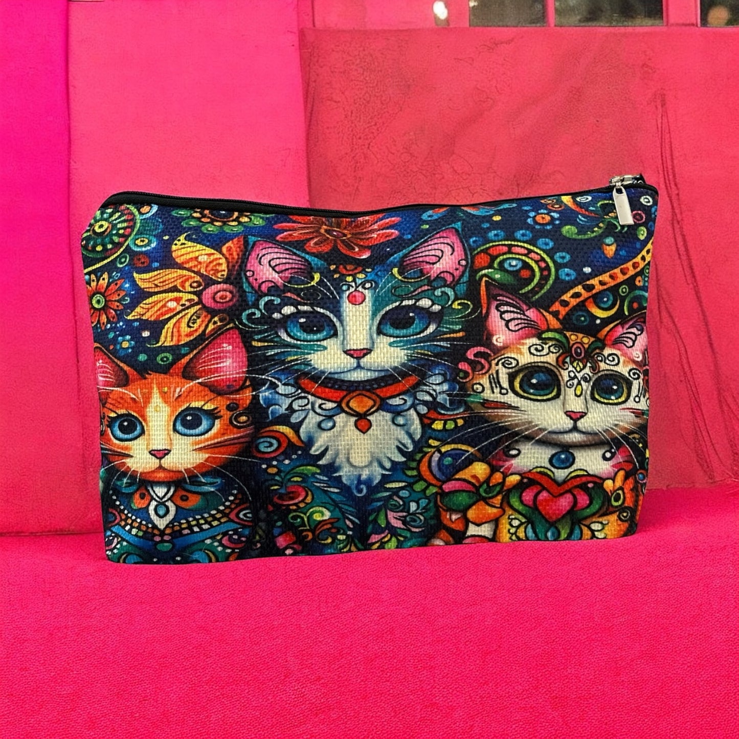 Trio of Cute Cats Cosmetic Bag – 7” x 10.5” – Floral Zipper Pouch for Makeup, Travel & More!