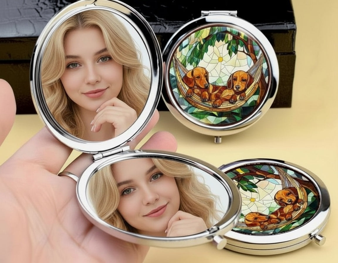 Dachshund Hammock Stained Glass Style Compact Mirror Round Makeup Mirror 2.76”