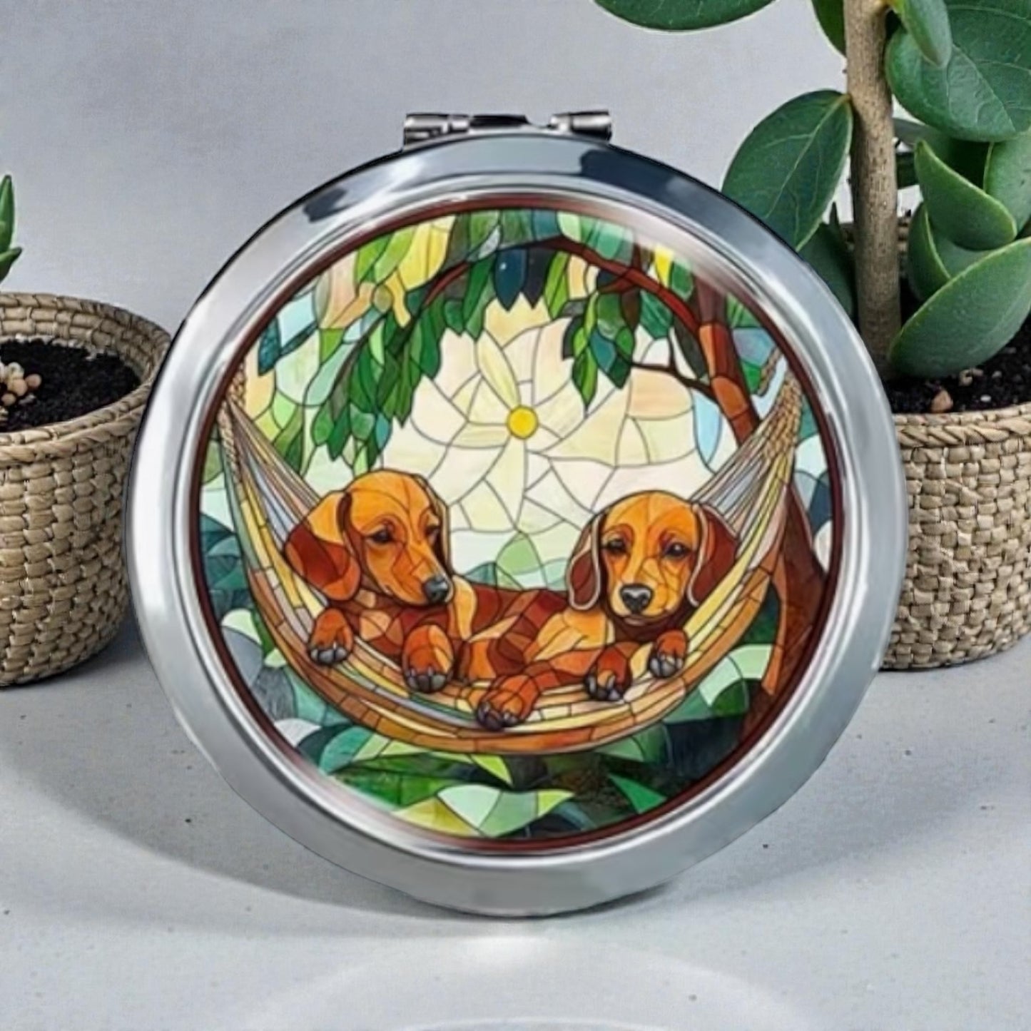 Dachshund Hammock Stained Glass Style Compact Mirror Round Makeup Mirror 2.76”
