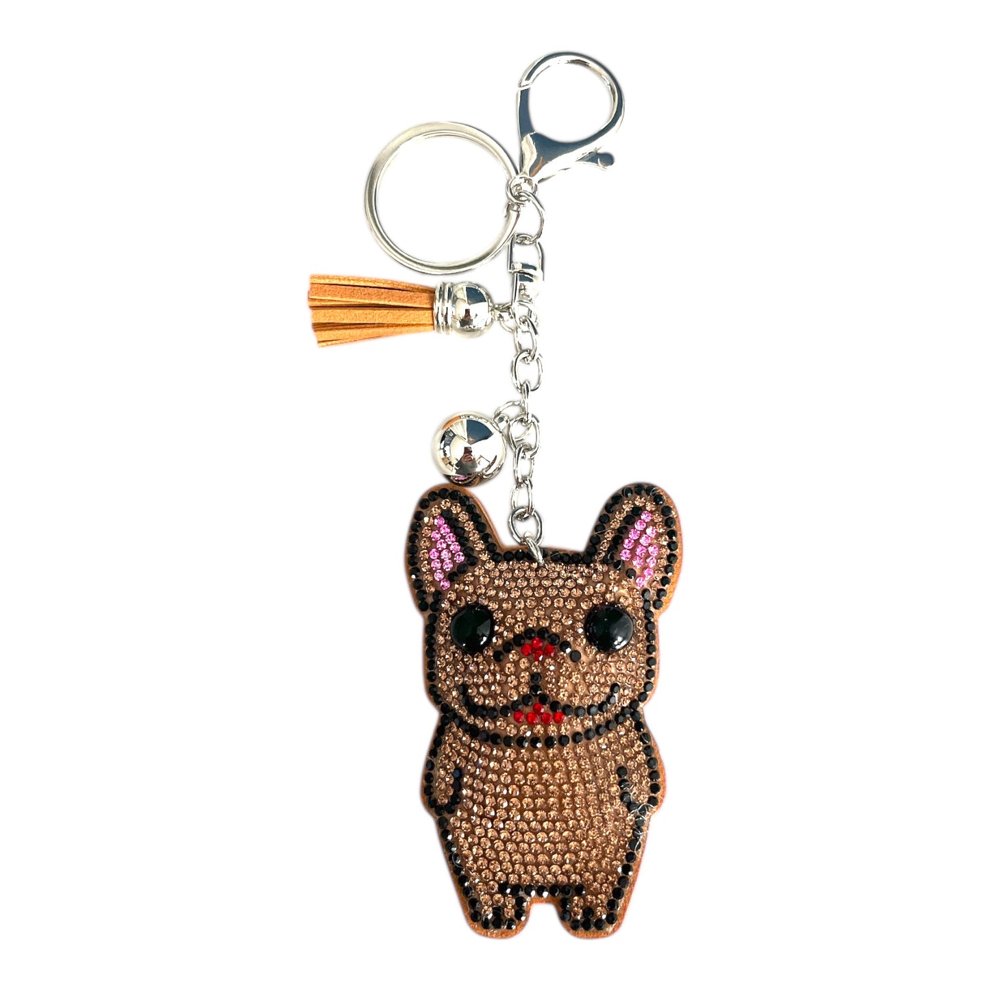 Funkelnder Schlüsselanhänger mit französischer Bulldogge im Cartoon-Stil, mit Strasssteinen und Quastenanhänger