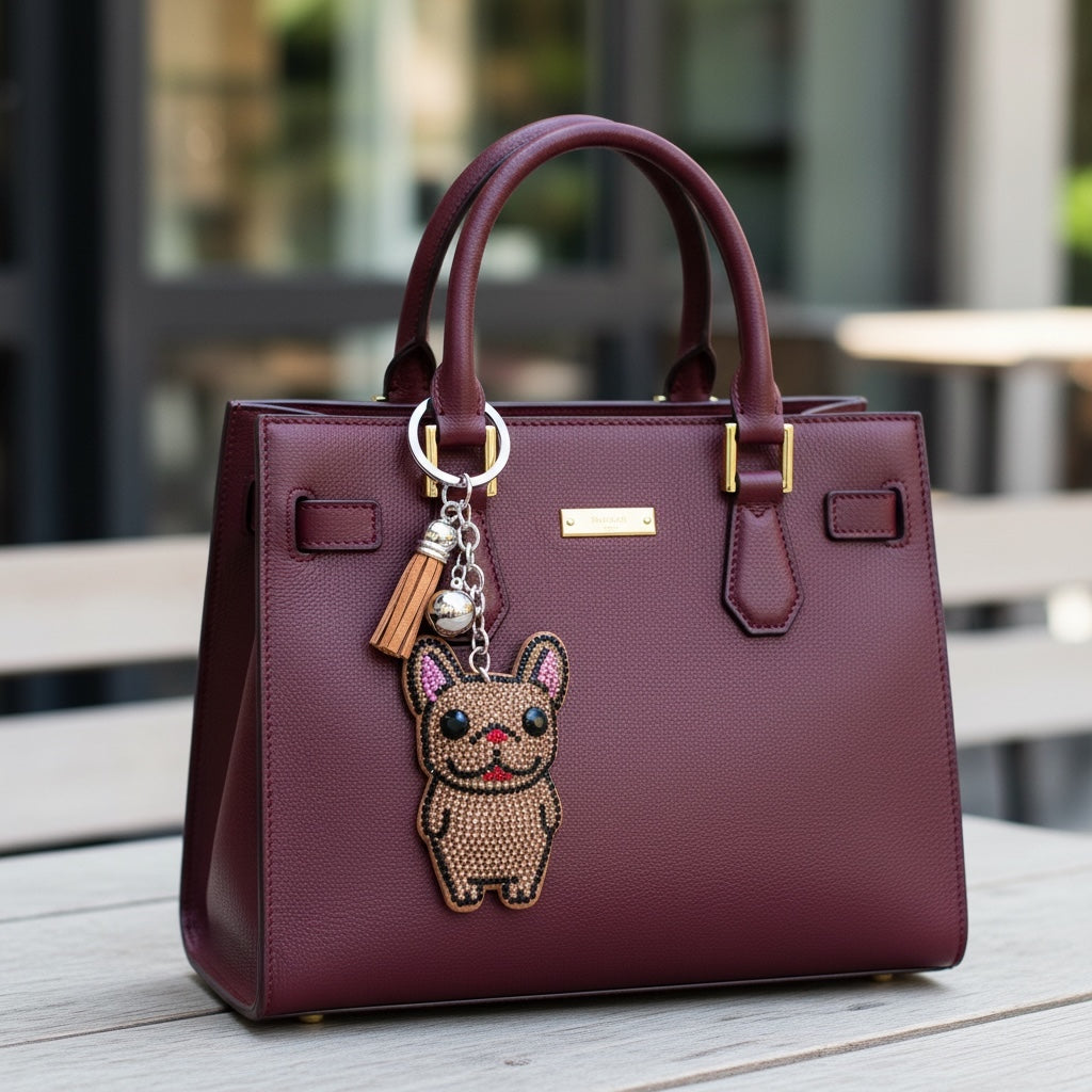 Funkelnder Schlüsselanhänger mit französischer Bulldogge im Cartoon-Stil, mit Strasssteinen und Quastenanhänger