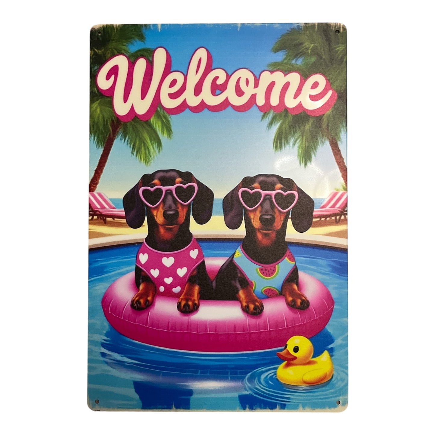 Dachshund Pool Party Welcome Sign – 12x8 Metal Wall Art with Dogs in Sunglasses, Summer Decor