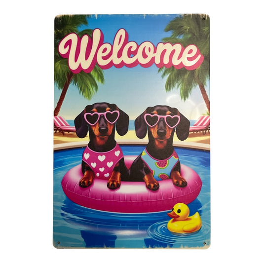 Dachshund Pool Party Welcome Sign – 12x8 Metal Wall Art with Dogs in Sunglasses, Summer Decor
