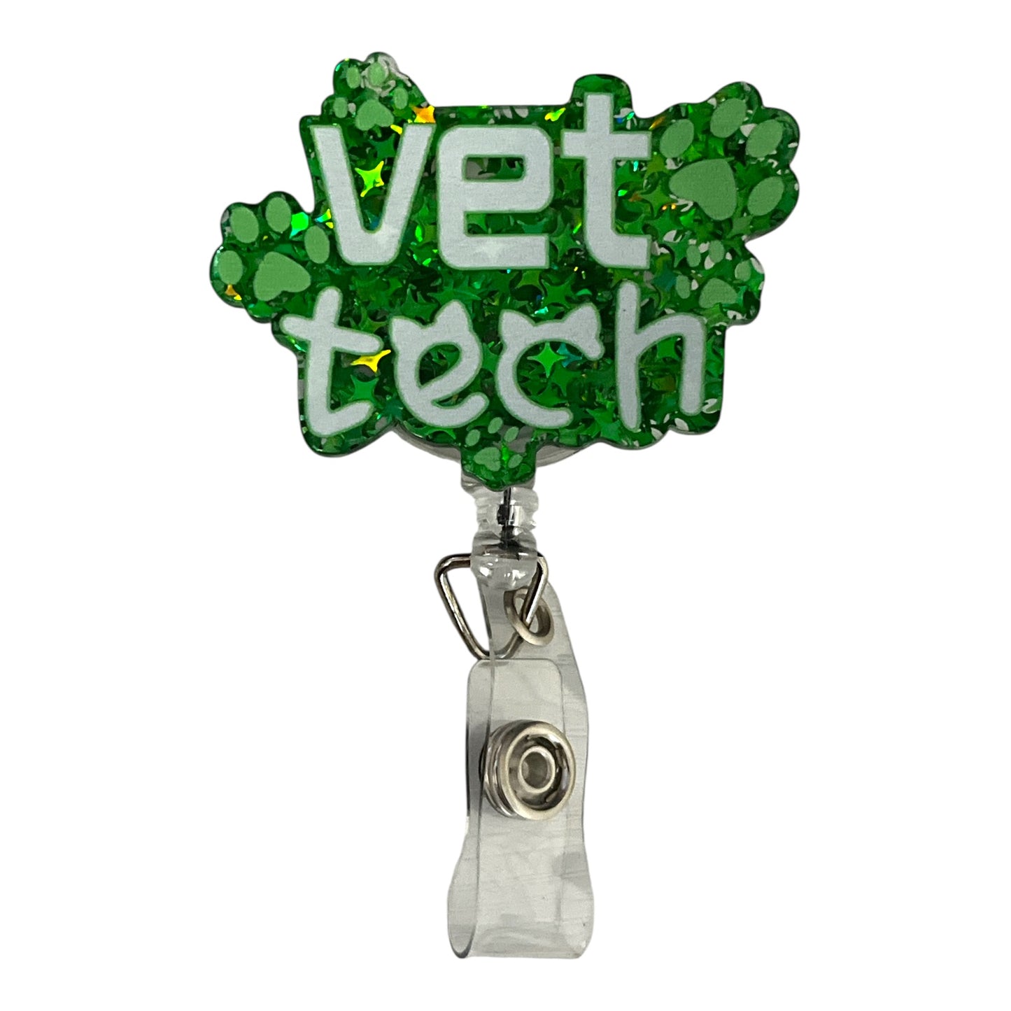 Sparkly Vet Tech Badge Reel – Glitter Paw Print ID Holder with Alligator Clip