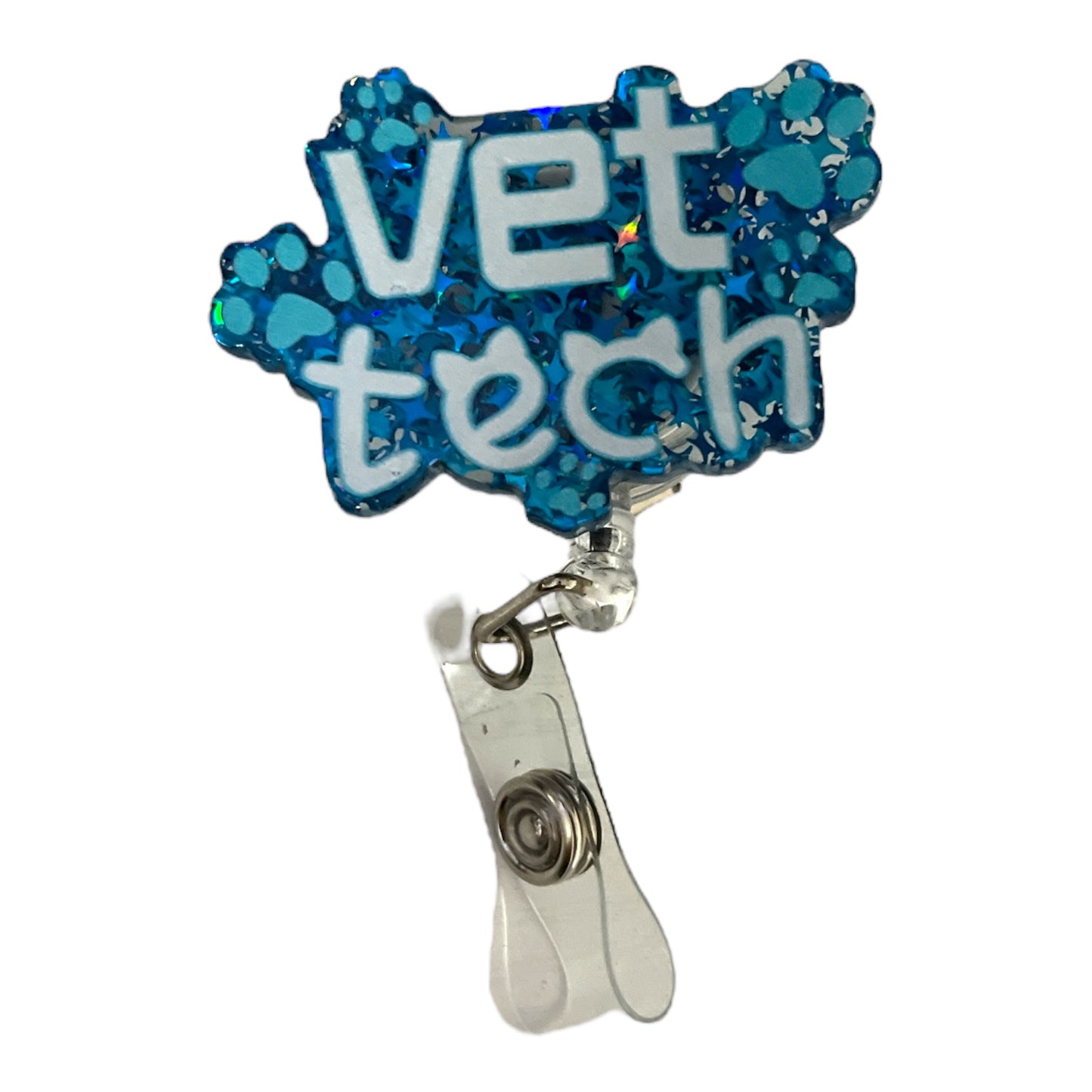 Sparkly Vet Tech Badge Reel – Glitter Paw Print ID Holder with Alligator Clip