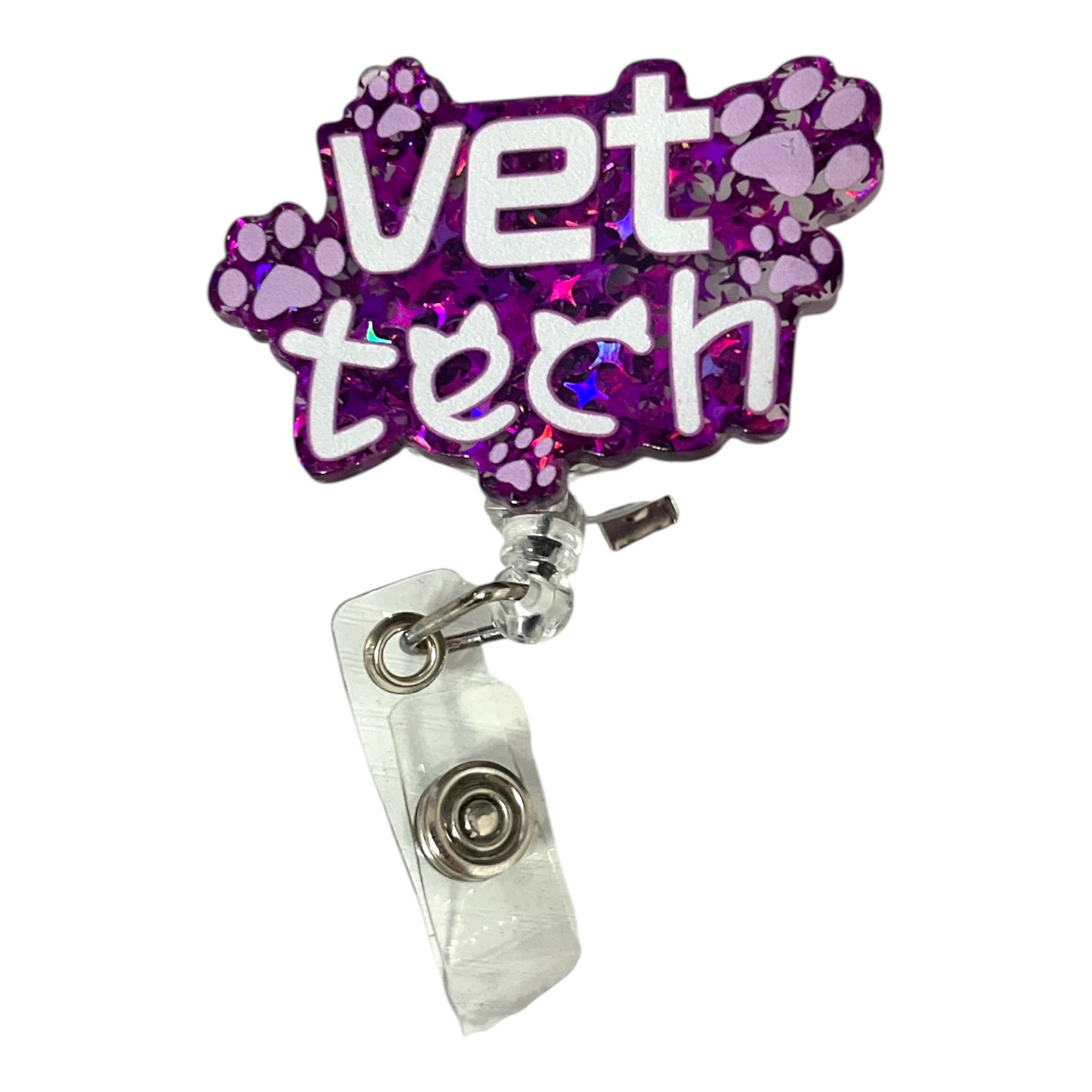 Sparkly Vet Tech Badge Reel – Glitter Paw Print ID Holder with Alligator Clip