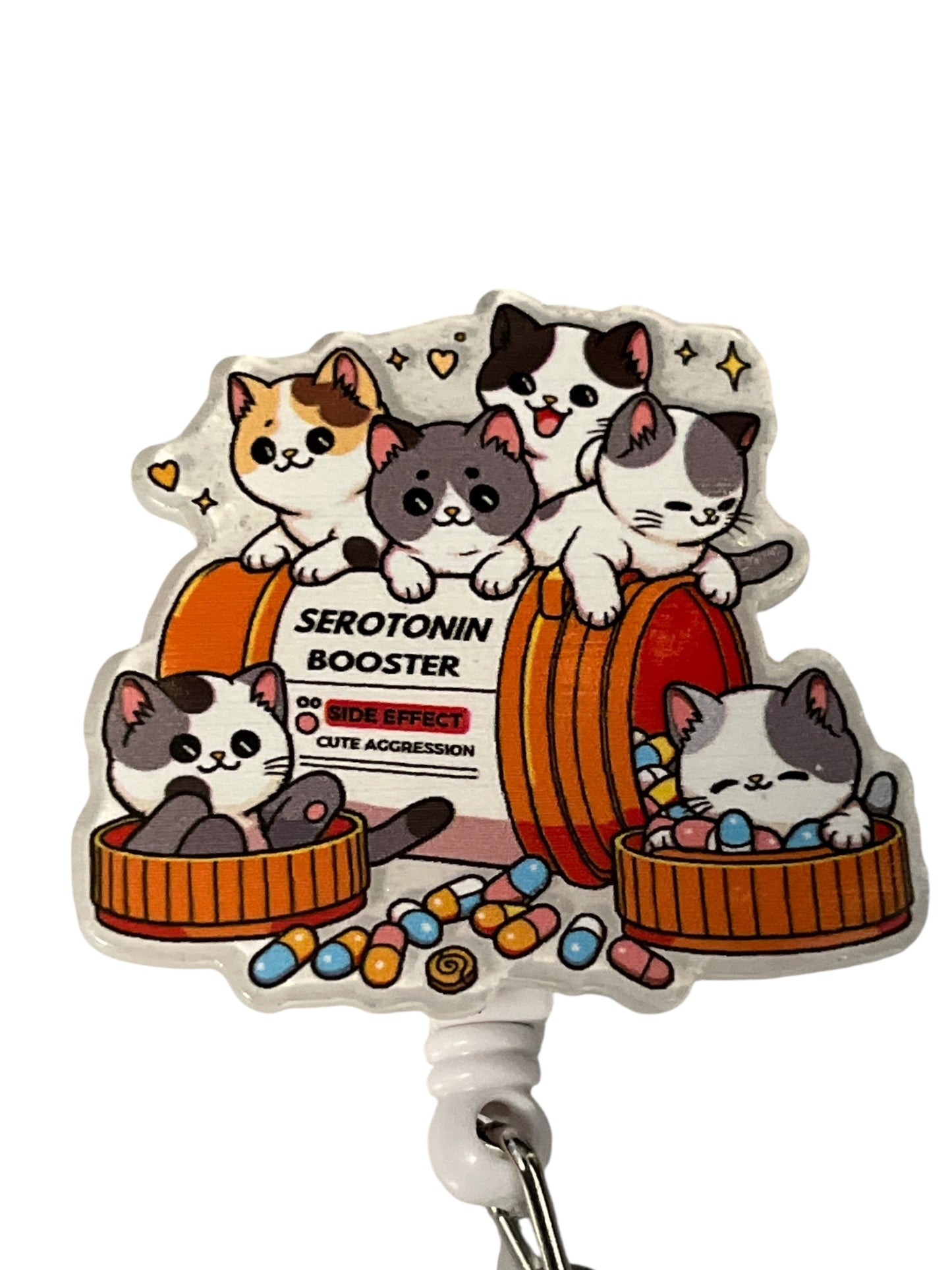 Serotonin Booster: Cute Cat Badge Reel – Rotating Acrylic Retractable ID Holder with Glitter