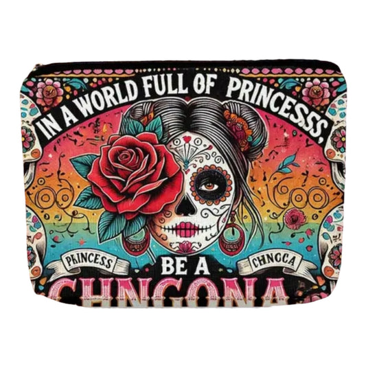Chic Linen Makeup Bag with Floral & Skull Design – "In a World Full of Princesses, Be a Chingona"