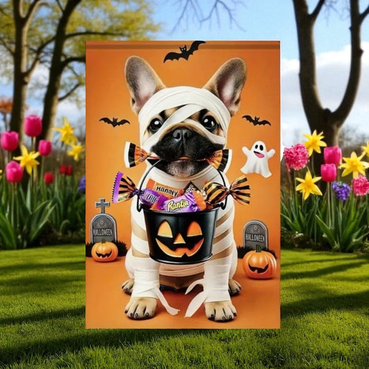 Halloween Garden Flag – 12” x 8” – French Bulldog Mummy with Candy & Pumpkins
