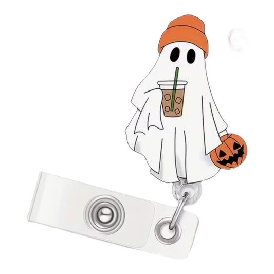 Halloween Ghost Badge Reel – Retractable ID Holder – Coffee Cup & Pumpkin Design