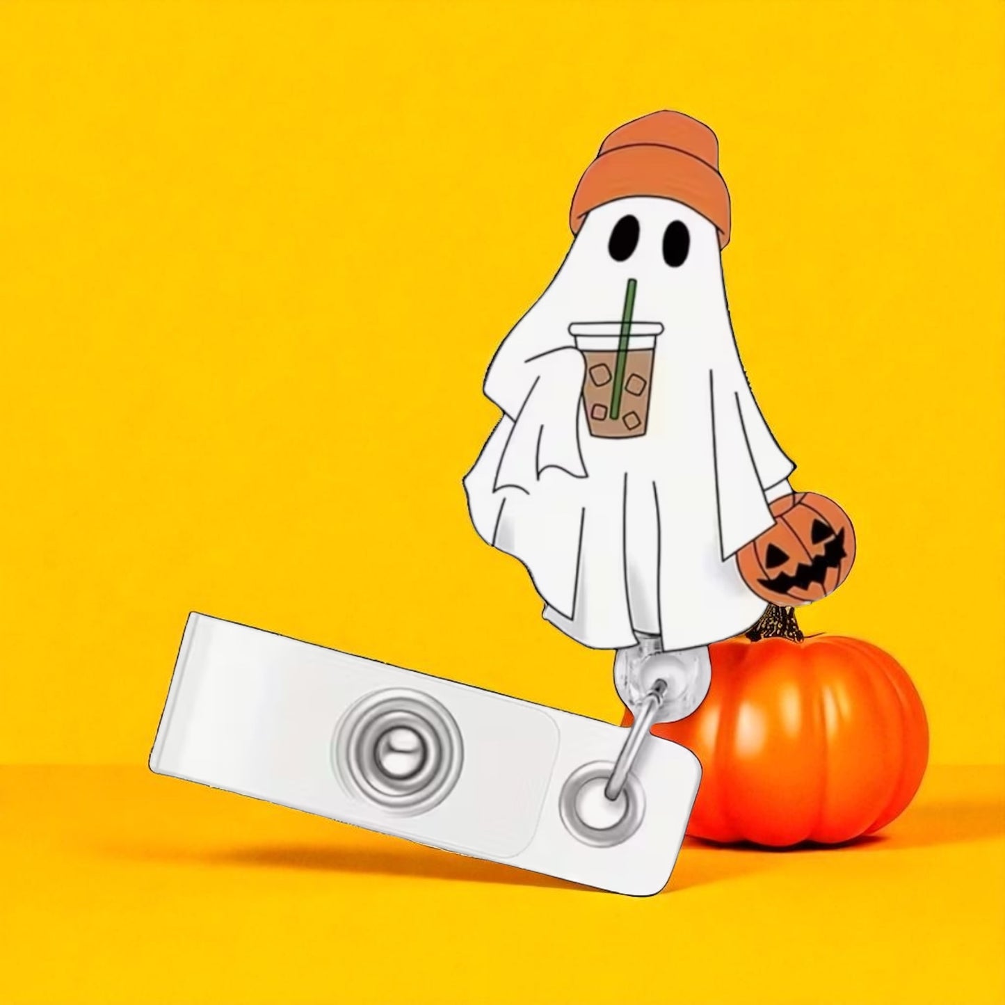 Halloween Ghost Badge Reel – Retractable ID Holder – Coffee Cup & Pumpkin Design