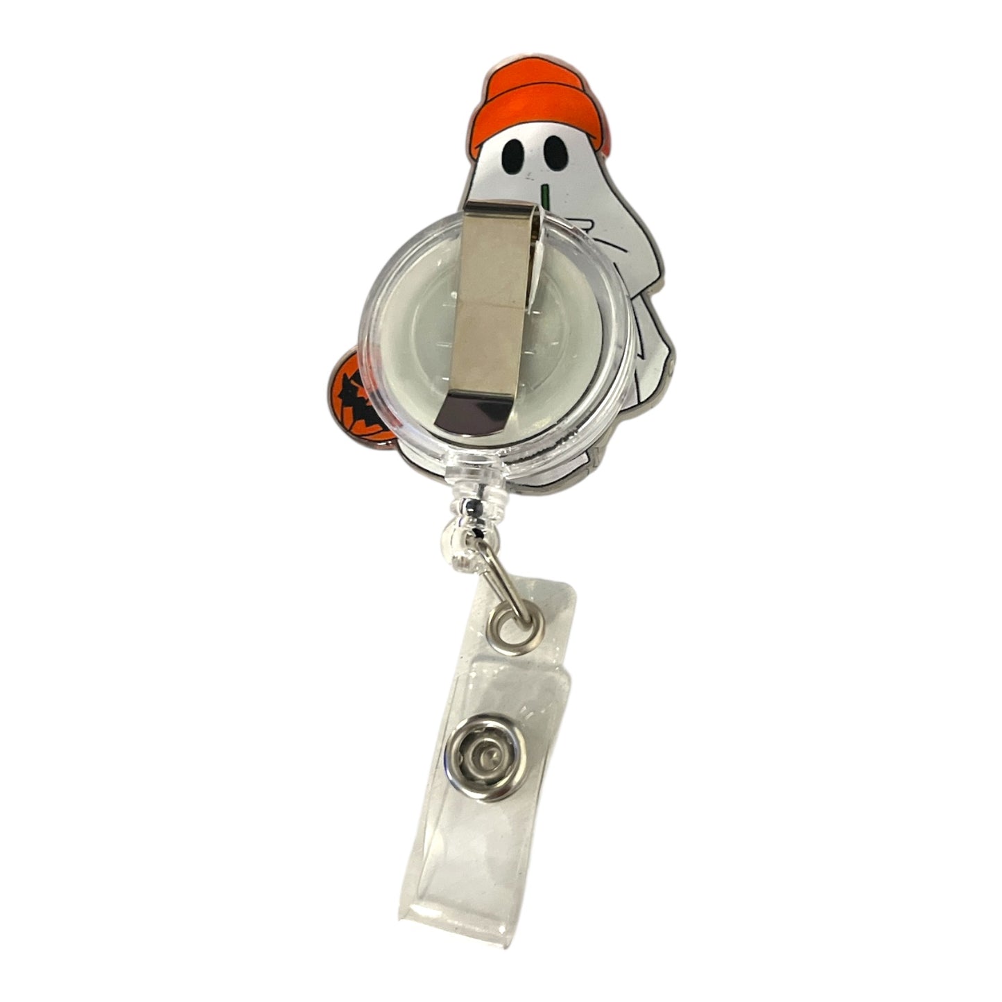 Halloween Ghost Badge Reel – Retractable ID Holder – Coffee Cup & Pumpkin Design