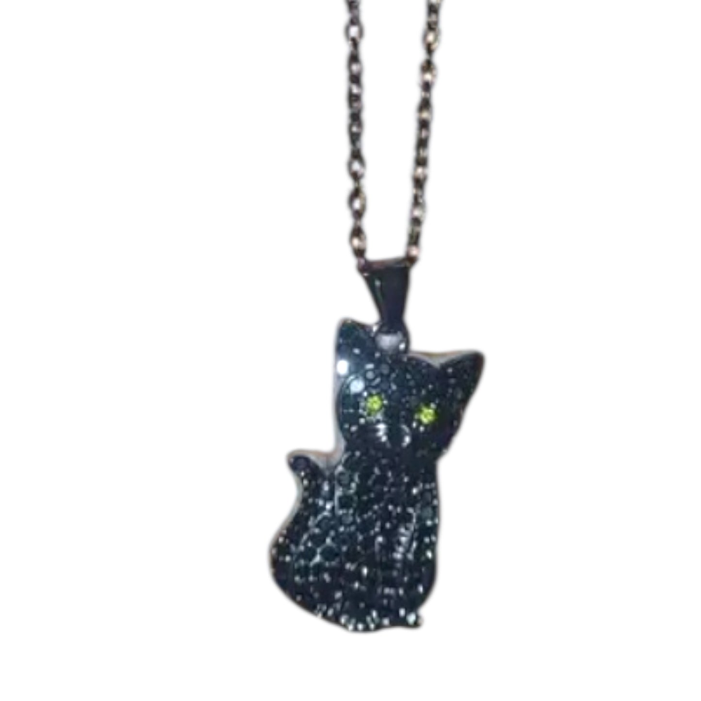 Black Cat Rhinestone Pendant Necklace – Vintage Style with Yellow Eyes