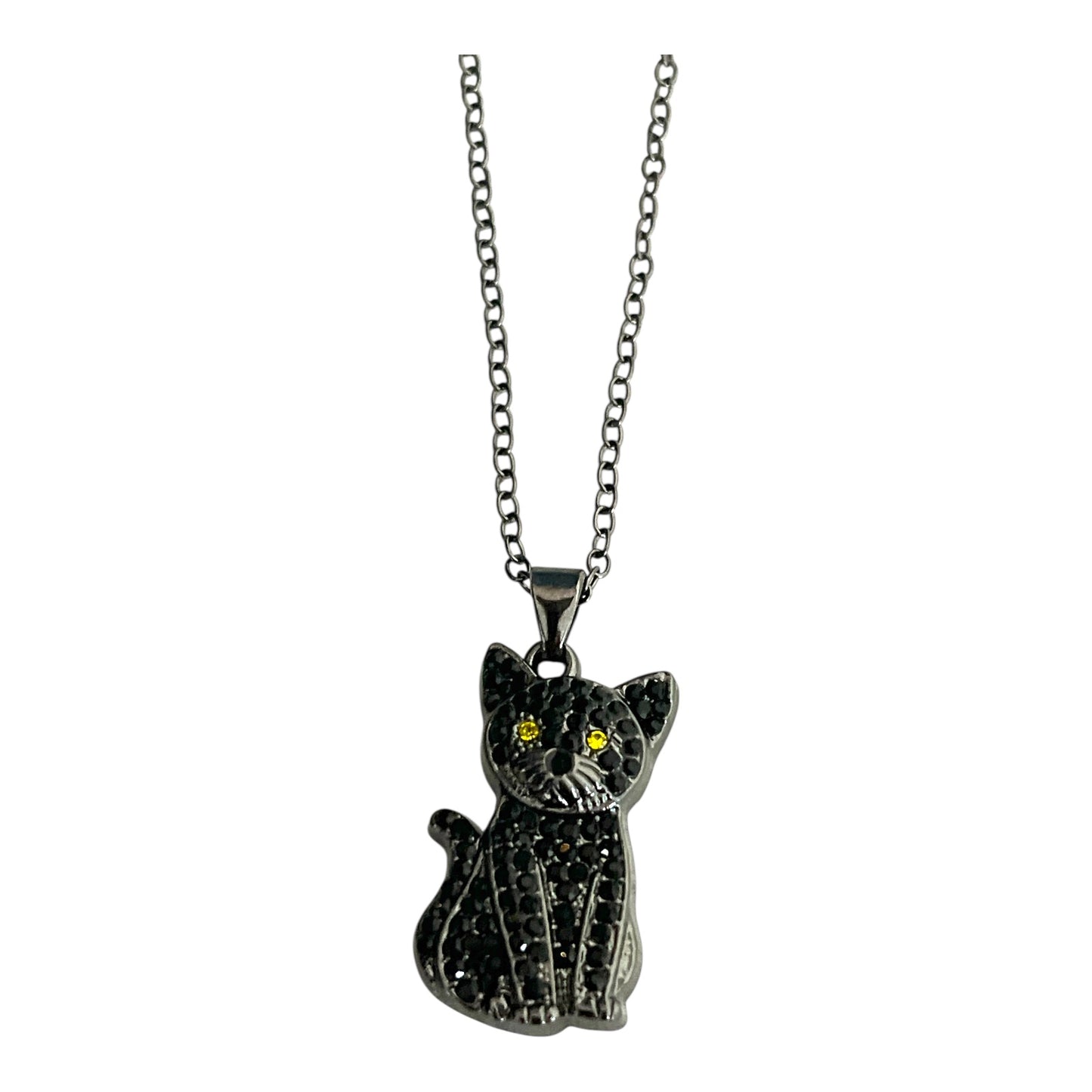 Black Cat Rhinestone Pendant Necklace – Vintage Style with Yellow Eyes