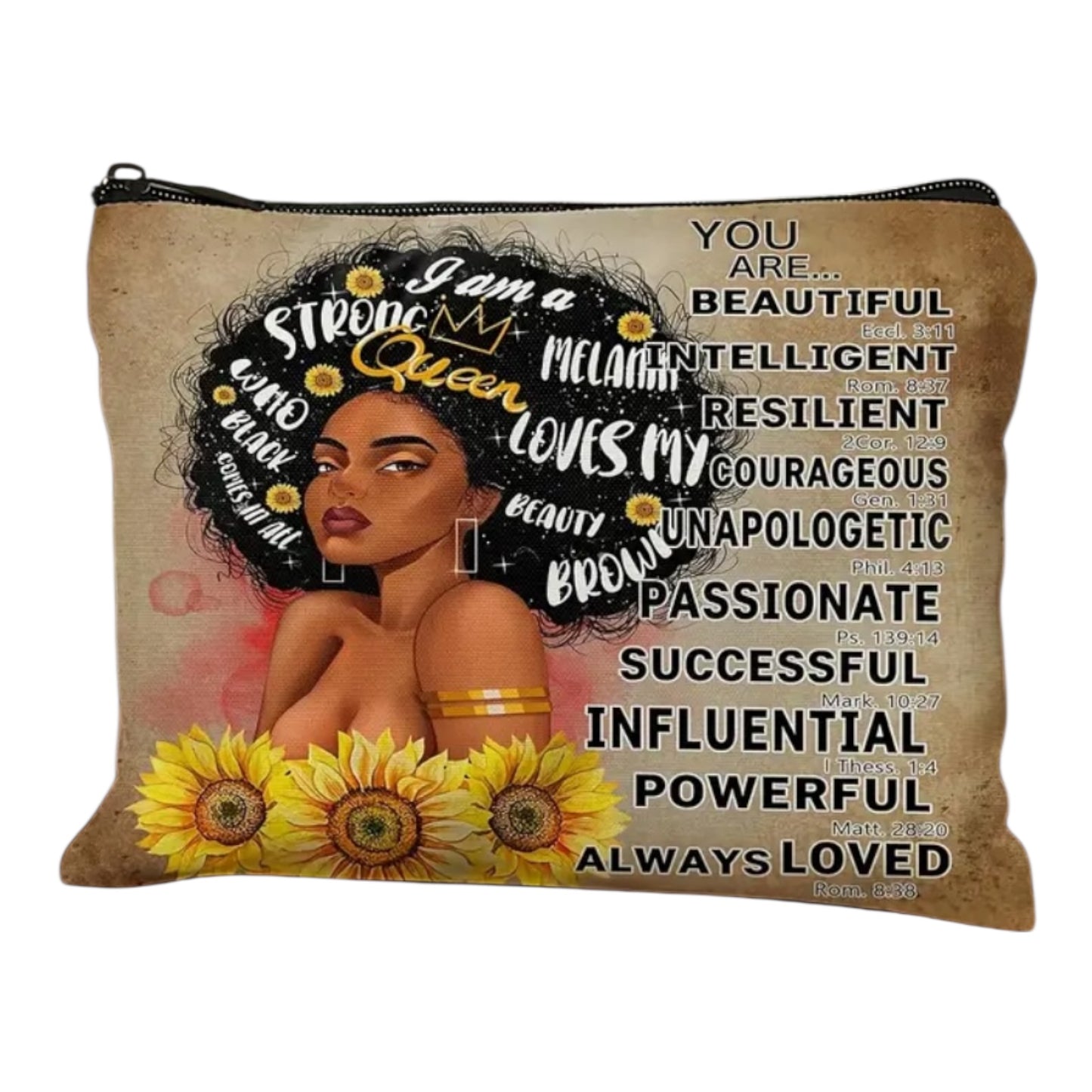 Strong Queen Afrocentric Design Cosmetic Bag with Sunflowers & Empowering Words
