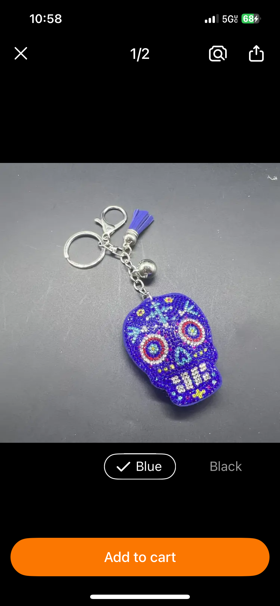 Purple-Blue Sugar Skull Rhinestone Keychain with Tassel – Día de los Muertos Style