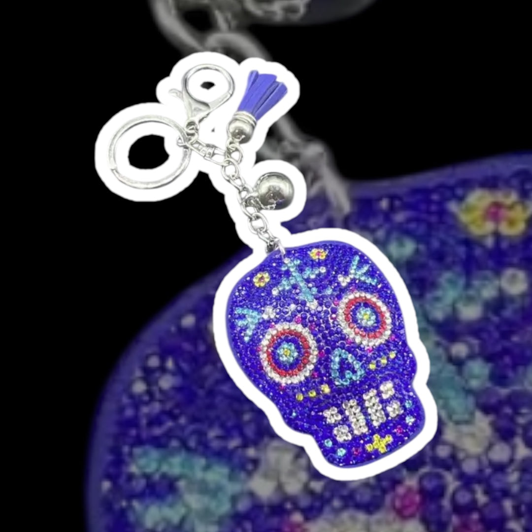 Purple-Blue Sugar Skull Rhinestone Keychain with Tassel – Día de los Muertos Style