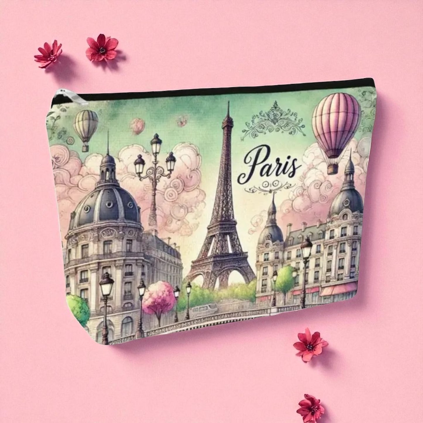 Paris Eiffel Tower Hot Air Balloon Cosmetic Bag – 9x7 Travel Pouch