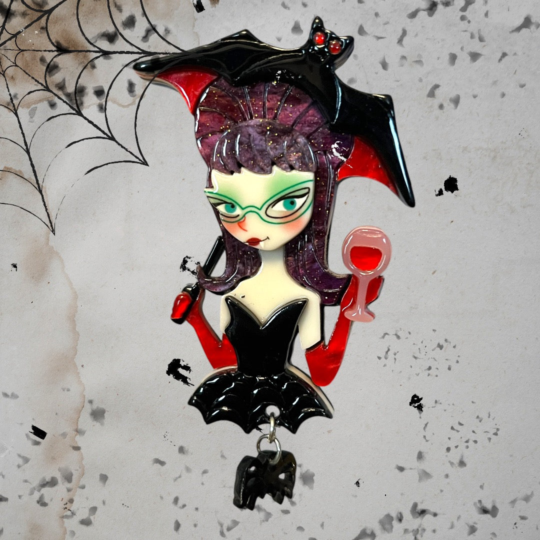 Halloween Cute Bat Umbrella Gothic Girl Brooch Pin - Goth or Punk Party Fashion Accessory