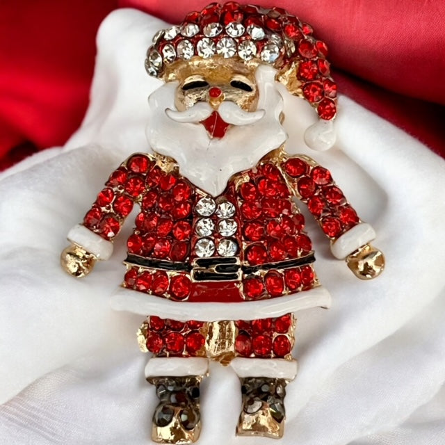 Sparkly Santa Claus Brooch Pin Necklace Pendant, Gold Plated Enamel, Different Color Options. Rhinestone Encrusted, Cute Charm Pin for Christmas