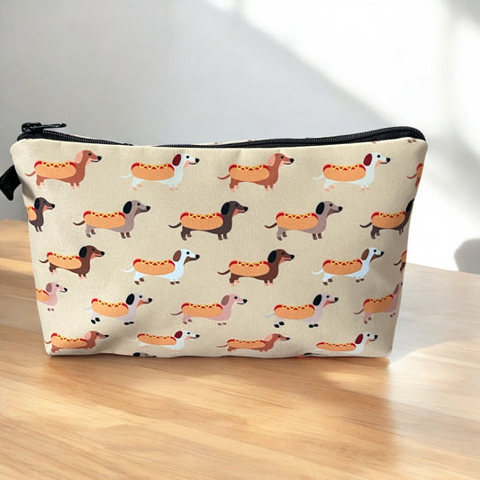 Dachshund Doxie Hotdog Print Padded Cosmetic Bag: Polyester with Zipper Closure