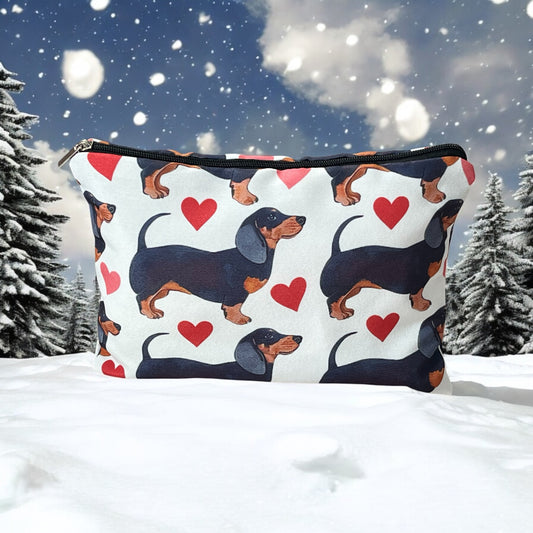 Dachshund Doxie and Hearts Print Cosmetic Bag: Polyester with Zipper Closure - Valentine's Day Gift