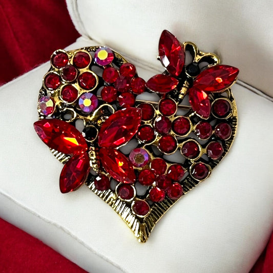 Vintage-Inspired Rhinestone Butterfly Brooch with Heart-Shaped Pin RED or BLUE– Valentine's Day Fashion Accessory for Clothing and Bags