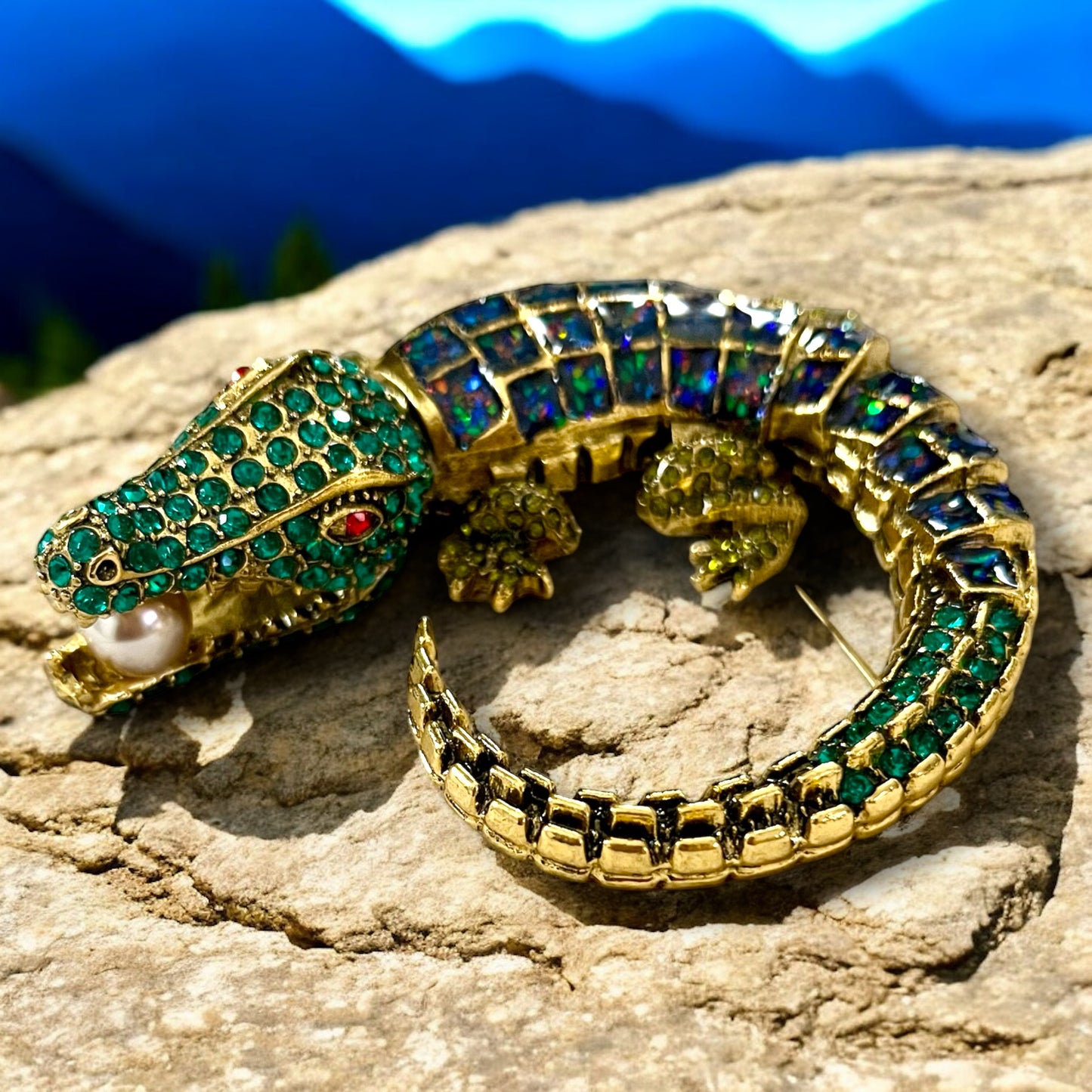 Bold and Beautiful: Large, Heavy Crocodile/Alligator Brooch with Unique Oil Dropping Detail