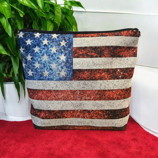 Lightweight American Flag Cosmetic Bag - Canvas Material, Durable Polyester, Zipper Closure