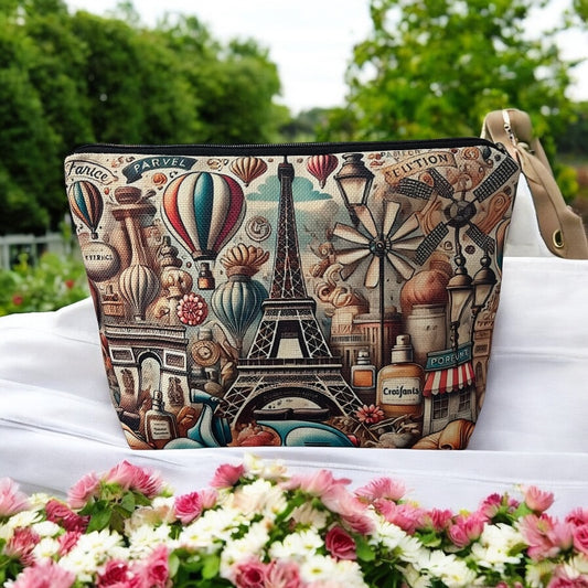 Paris Travel & Culture Lightweight Zippered Cosmetic Pouch - Eiffel Tower & Arc de Triomphe Print