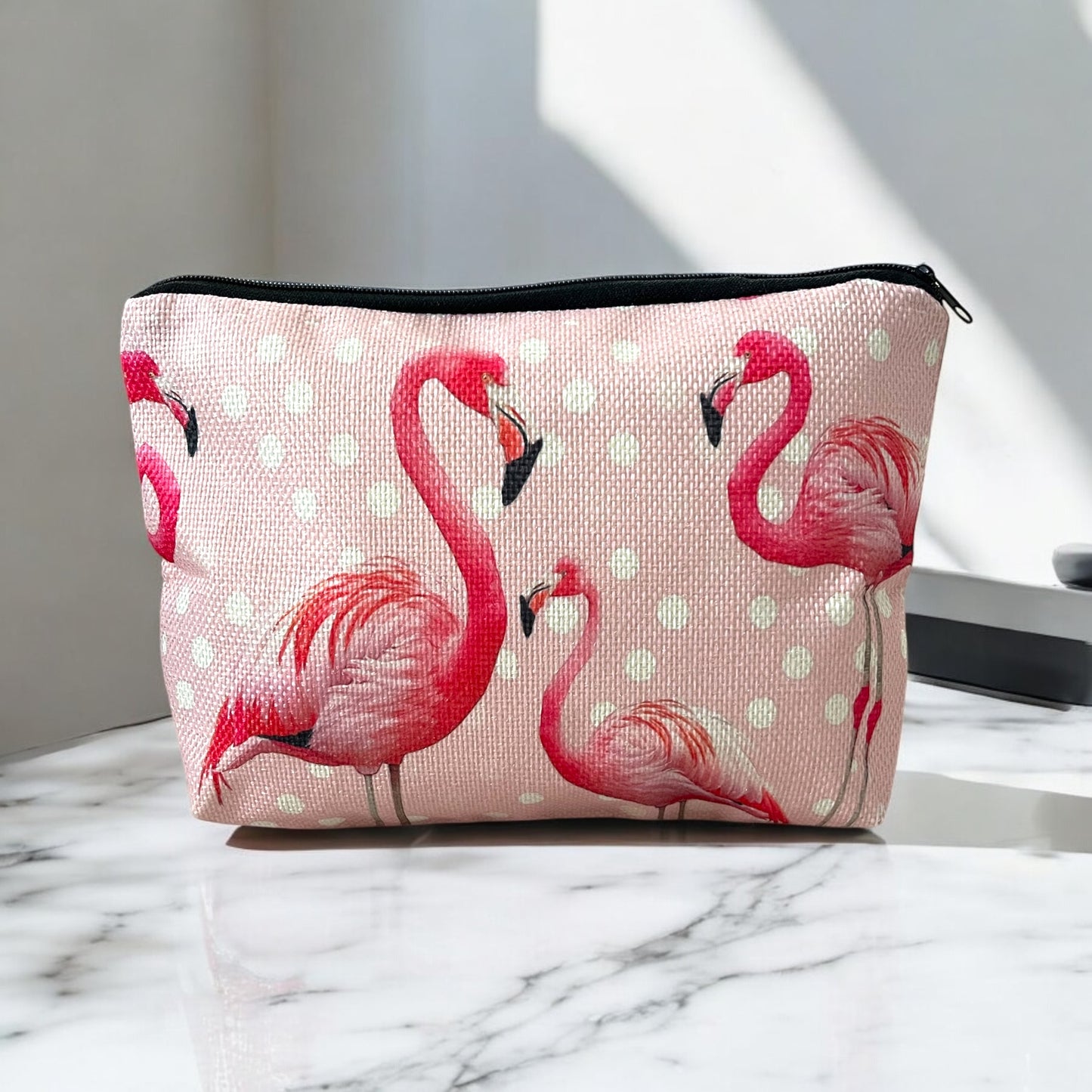 Flamingo Print Linen Makeup Bag - Lightweight Cosmetic Organizer with Zipper Closure