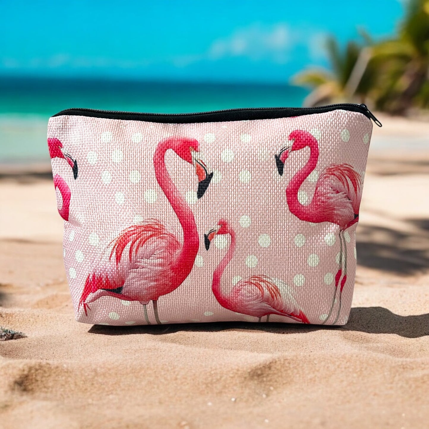 Flamingo Print Linen Makeup Bag - Lightweight Cosmetic Organizer with Zipper Closure