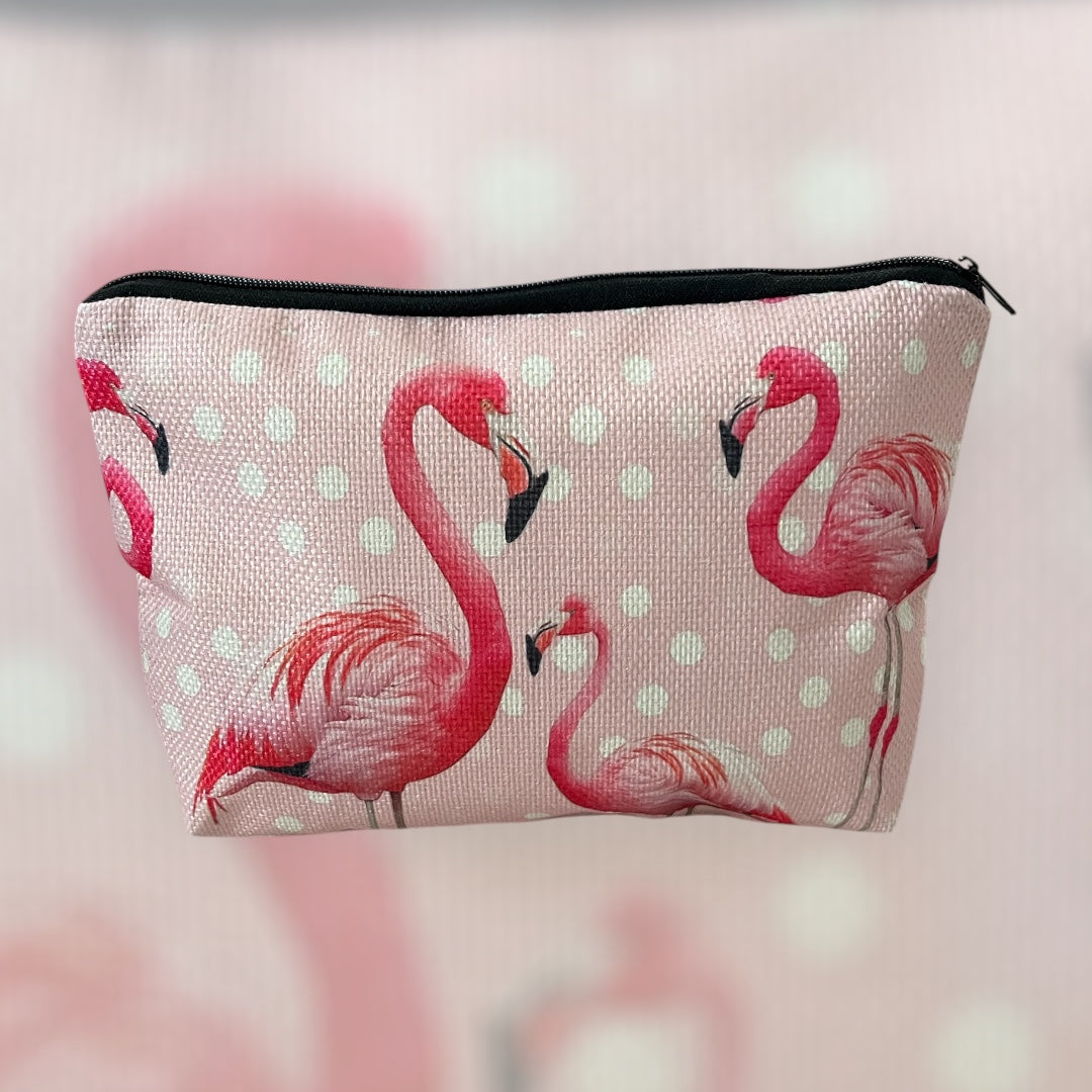 Flamingo Print Linen Makeup Bag - Lightweight Cosmetic Organizer with Zipper Closure