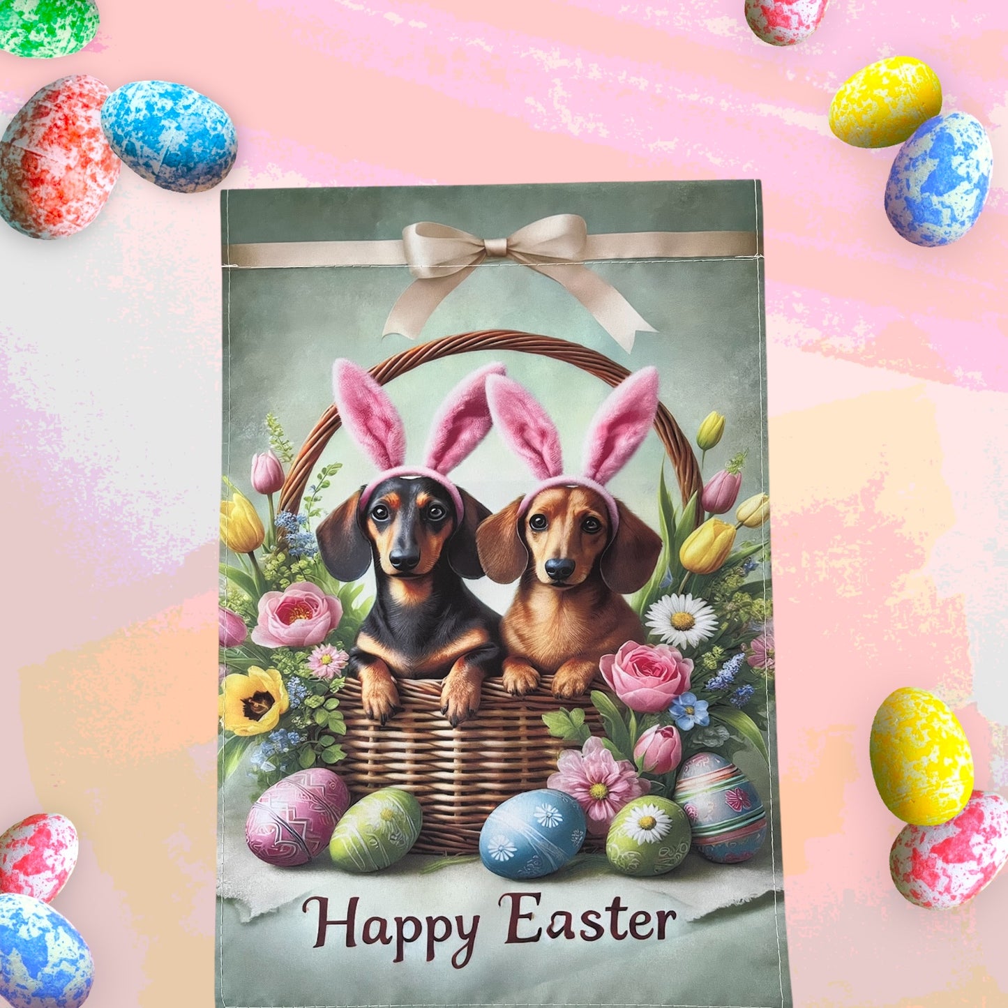 Easter Joy! Adorable Dachshund Garden Flag – 12x18 Inches of Spring Cheer